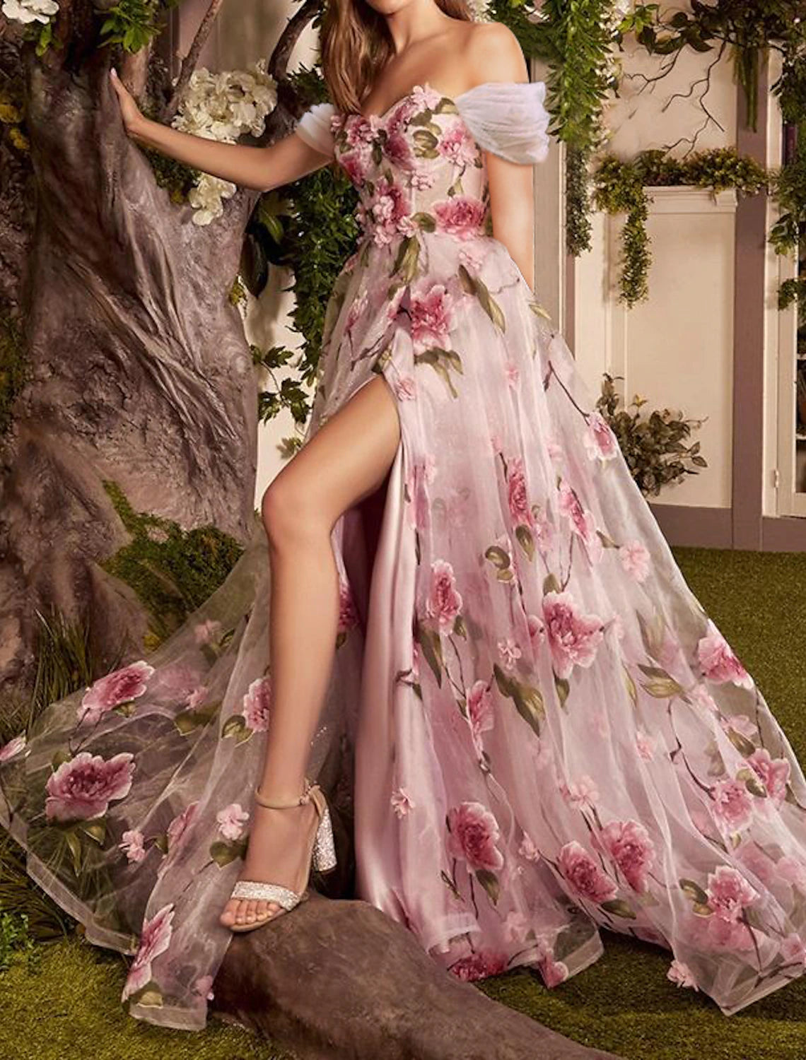 Wholesale A-Line Prom Dresses Floral Dress Formal Wedding Guest Sweep / Brush Train Sleeveless Off Shoulder Lace with Floral Print